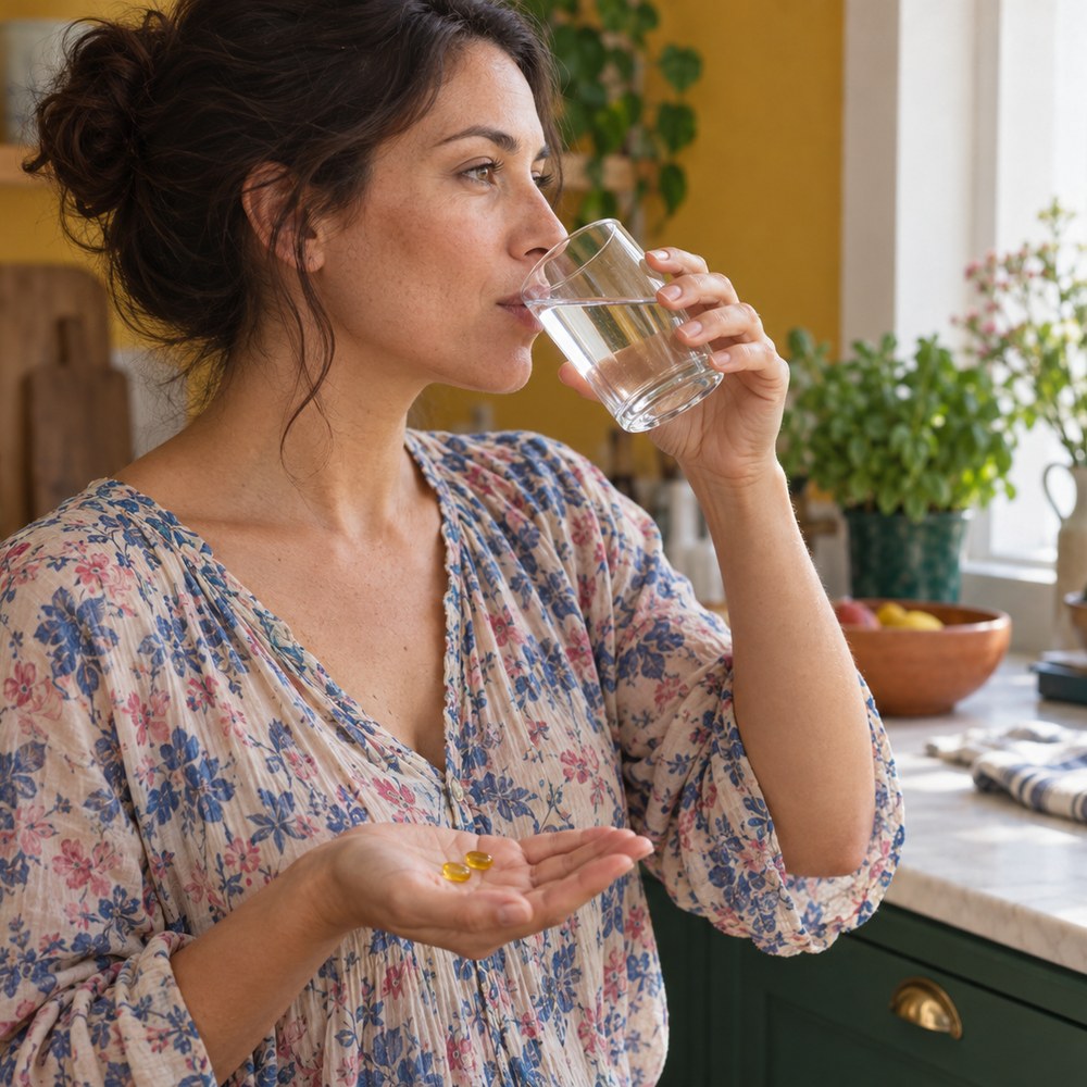 Mujer tomando OrigaMix® con un vaso de agua, con las cápsulas en la otra mano